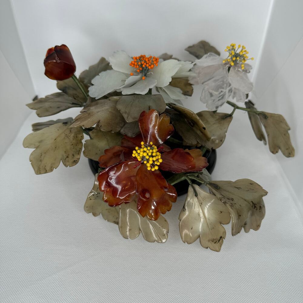 Vintage Chinese Carved Jade  Flowers  with leaves Center Piece Large